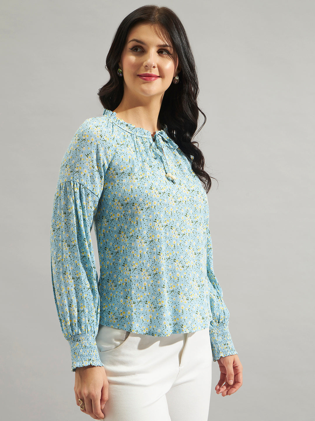 Women Sky Blue Floral Printed Smocked Top