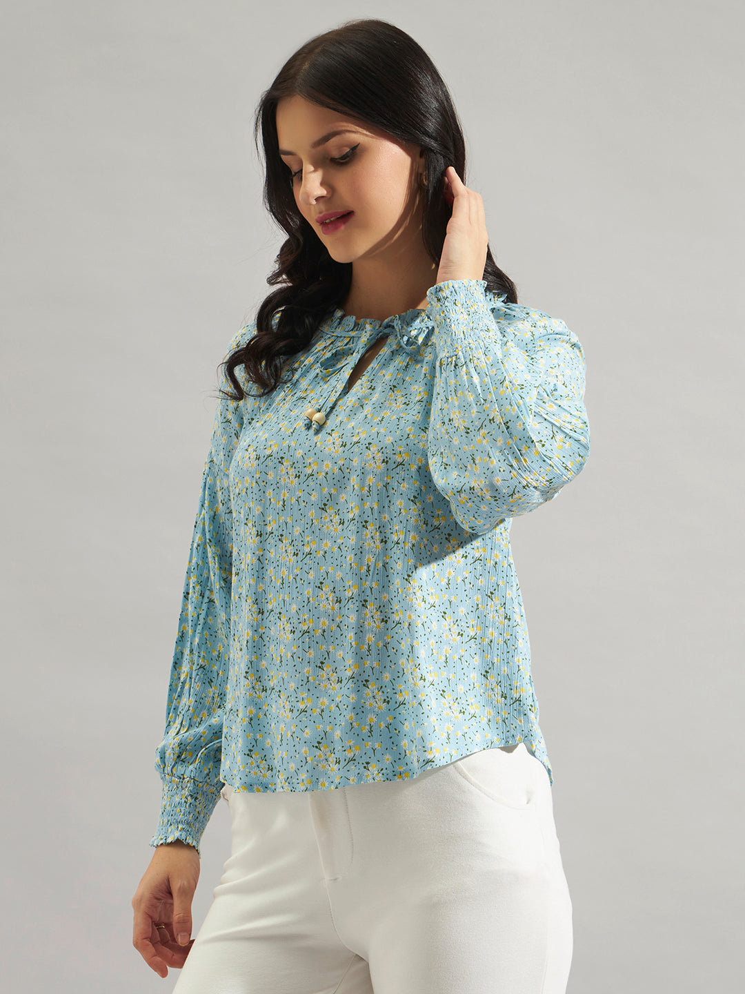 Women Sky Blue Floral Printed Smocked Top