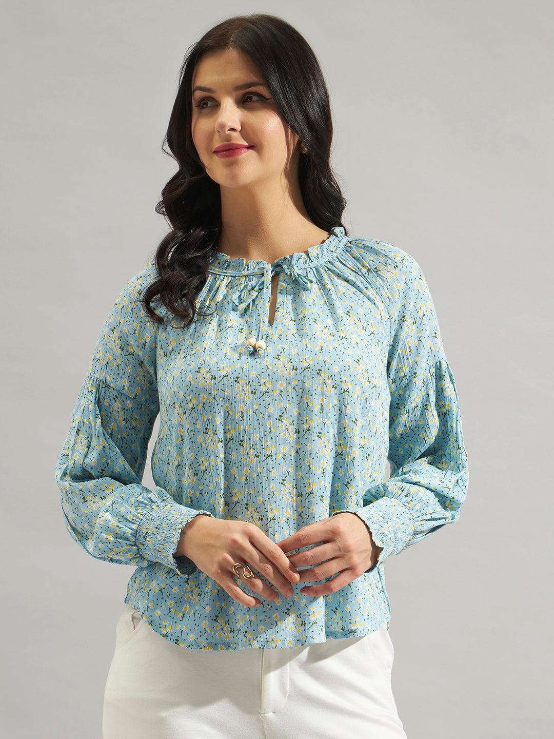 Women Sky Blue Floral Printed Smocked Top