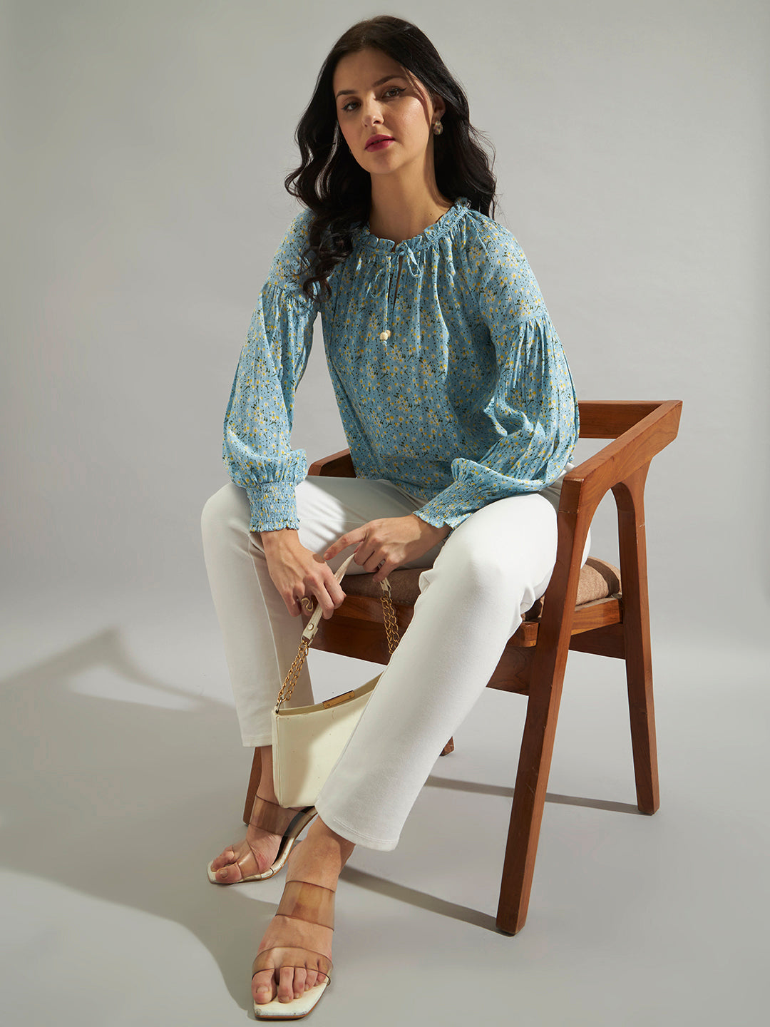 Women Sky Blue Floral Printed Smocked Top