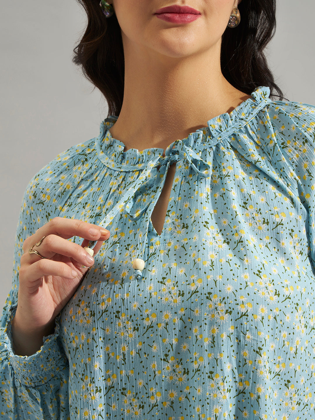 Women Sky Blue Floral Printed Smocked Top