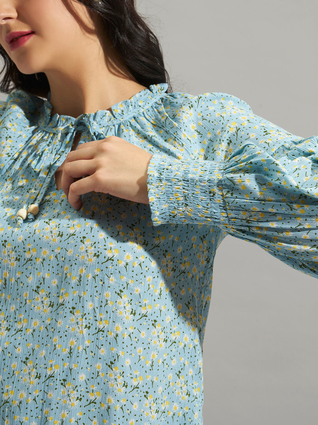Women Sky Blue Floral Printed Smocked Top