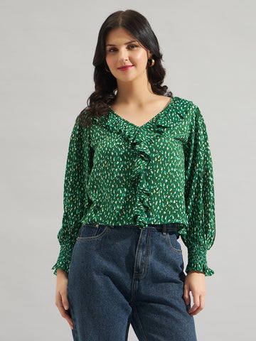 Women Green Rayon Printed Ruffle Detail Top with Full Sleeves