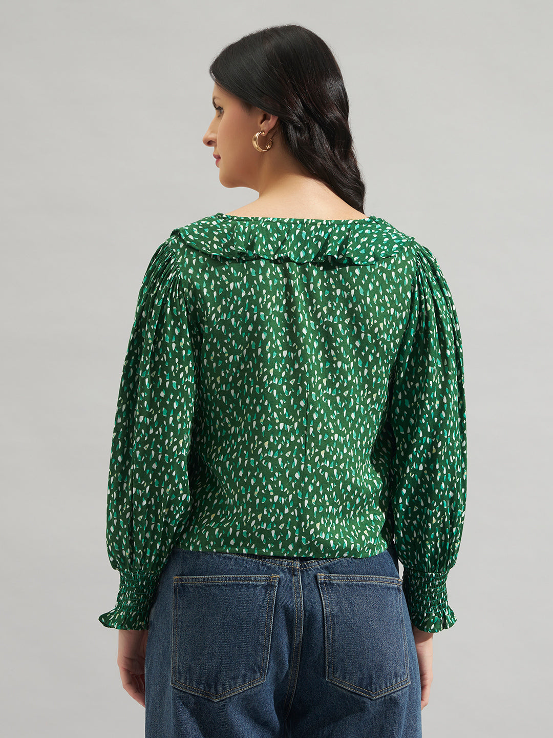 Women Green Rayon Printed Ruffle Detail Top with Full Sleeves