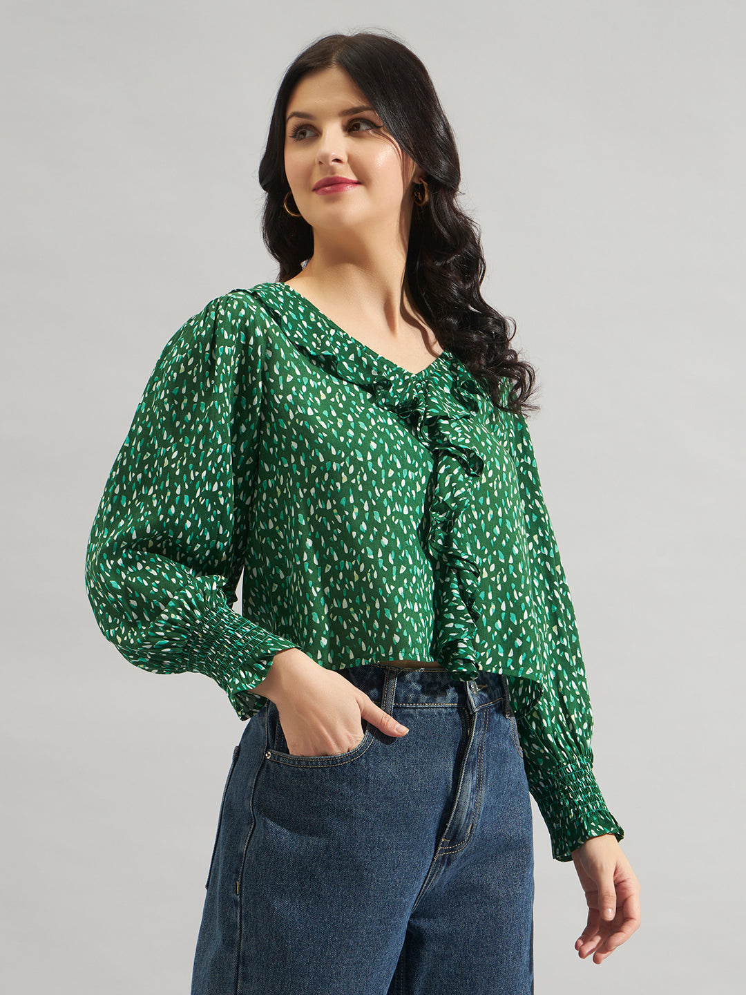 Women Green Rayon Printed Ruffle Detail Top with Full Sleeves