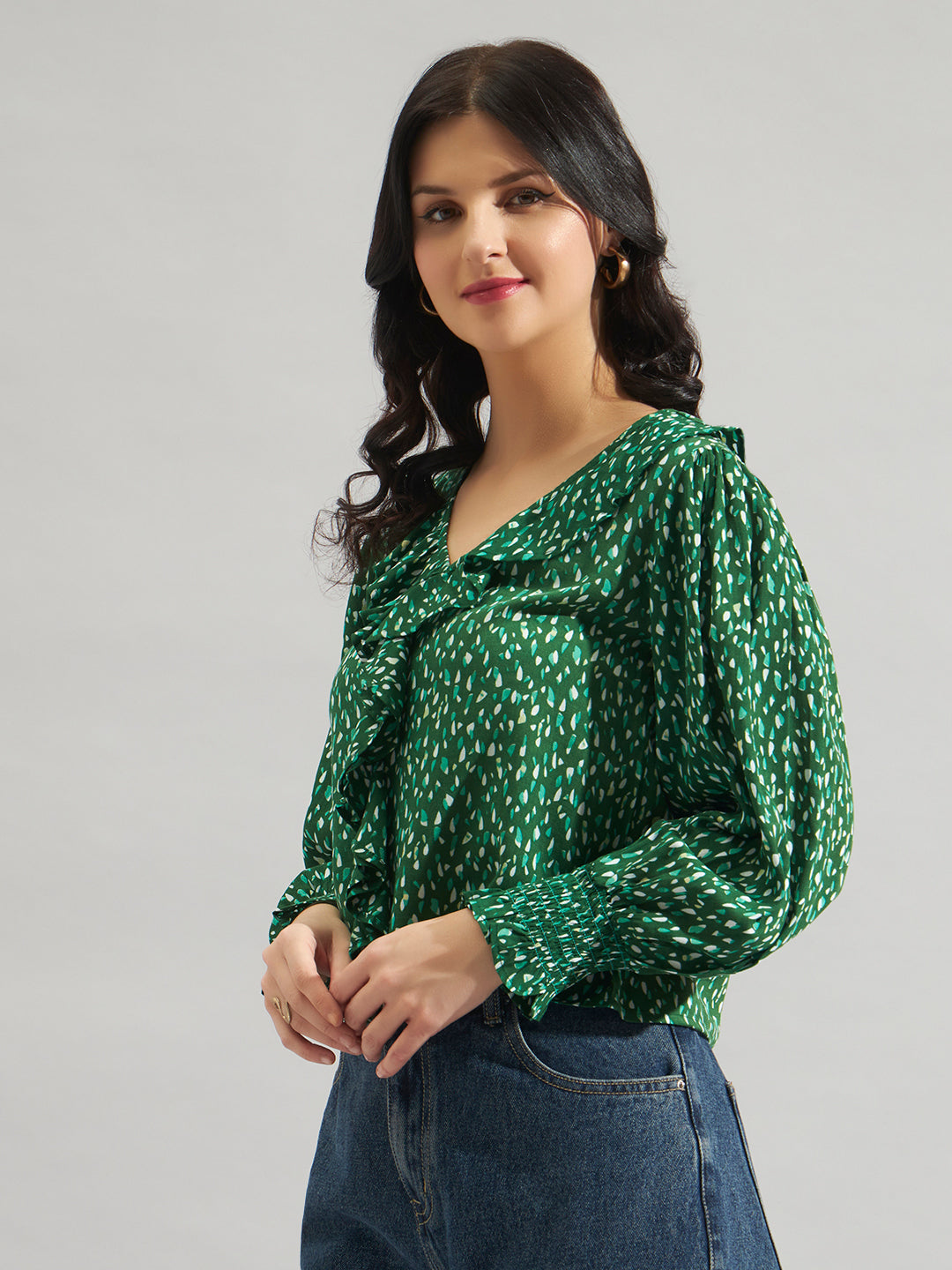 Women Green Rayon Printed Ruffle Detail Top with Full Sleeves