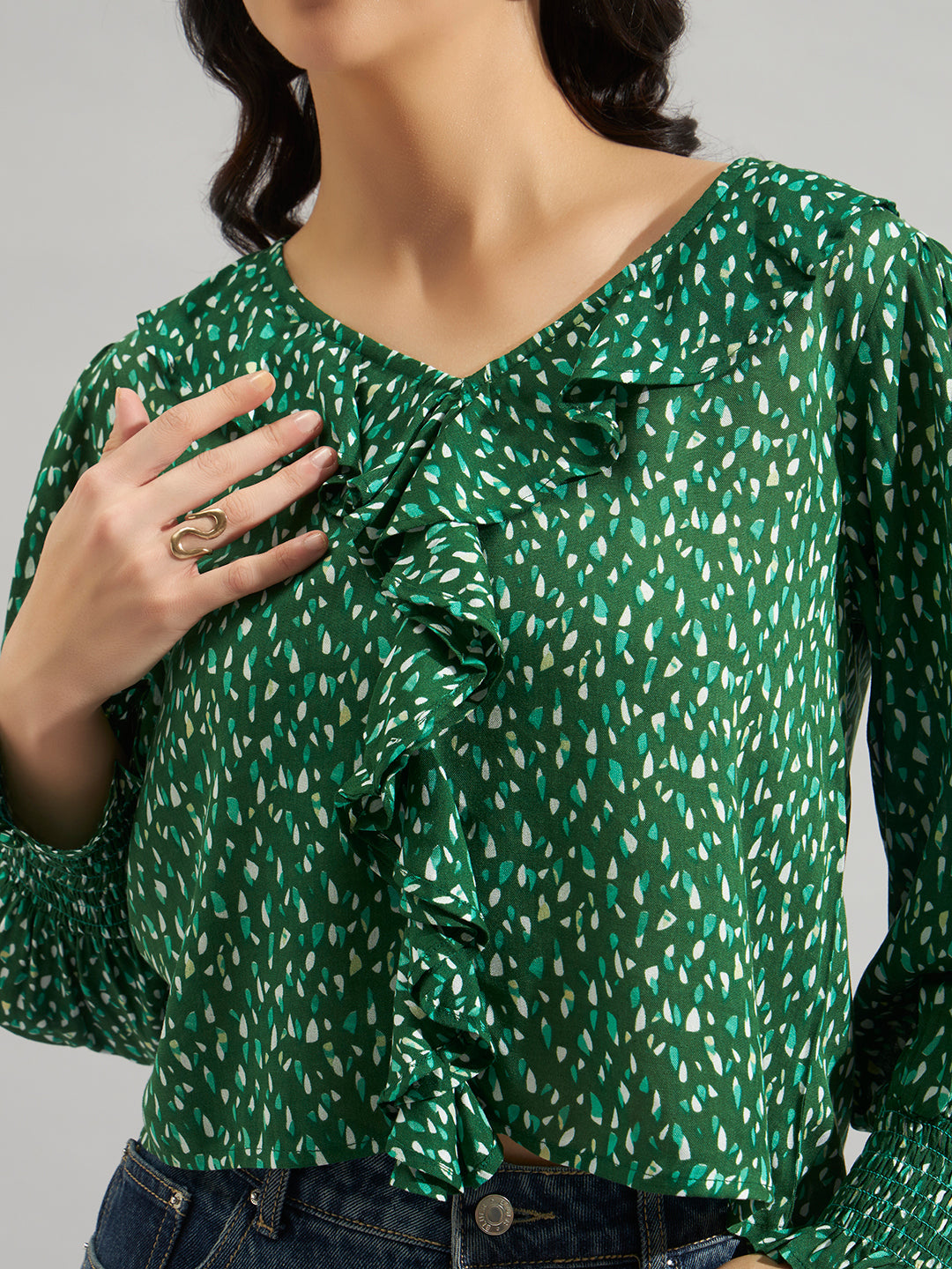 Women Green Rayon Printed Ruffle Detail Top with Full Sleeves
