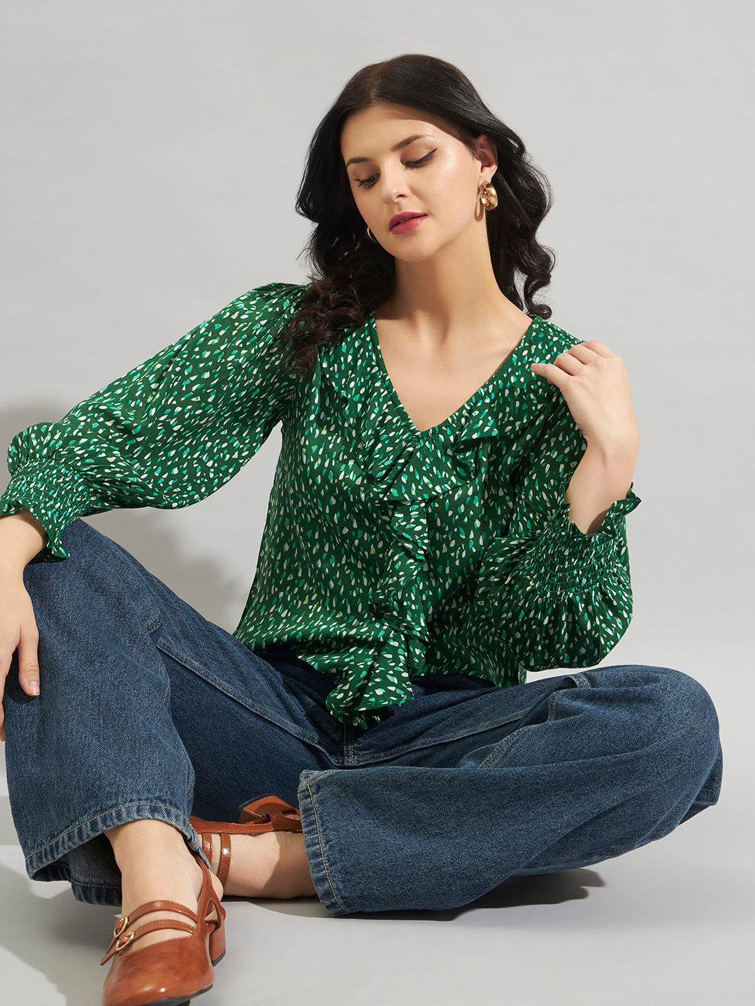 Women Green Rayon Printed Ruffle Detail Top with Full Sleeves