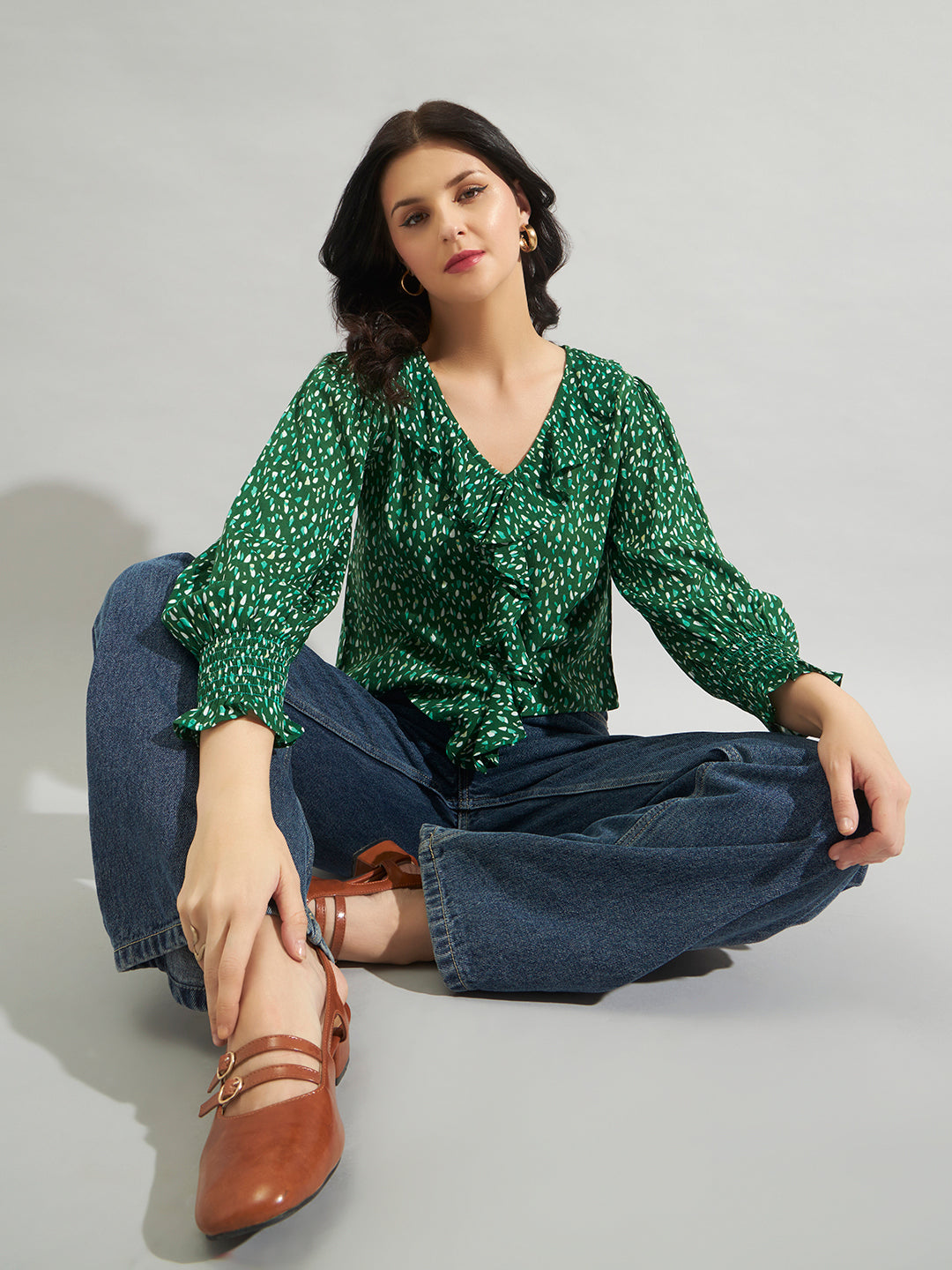 Women Green Rayon Printed Ruffle Detail Top with Full Sleeves