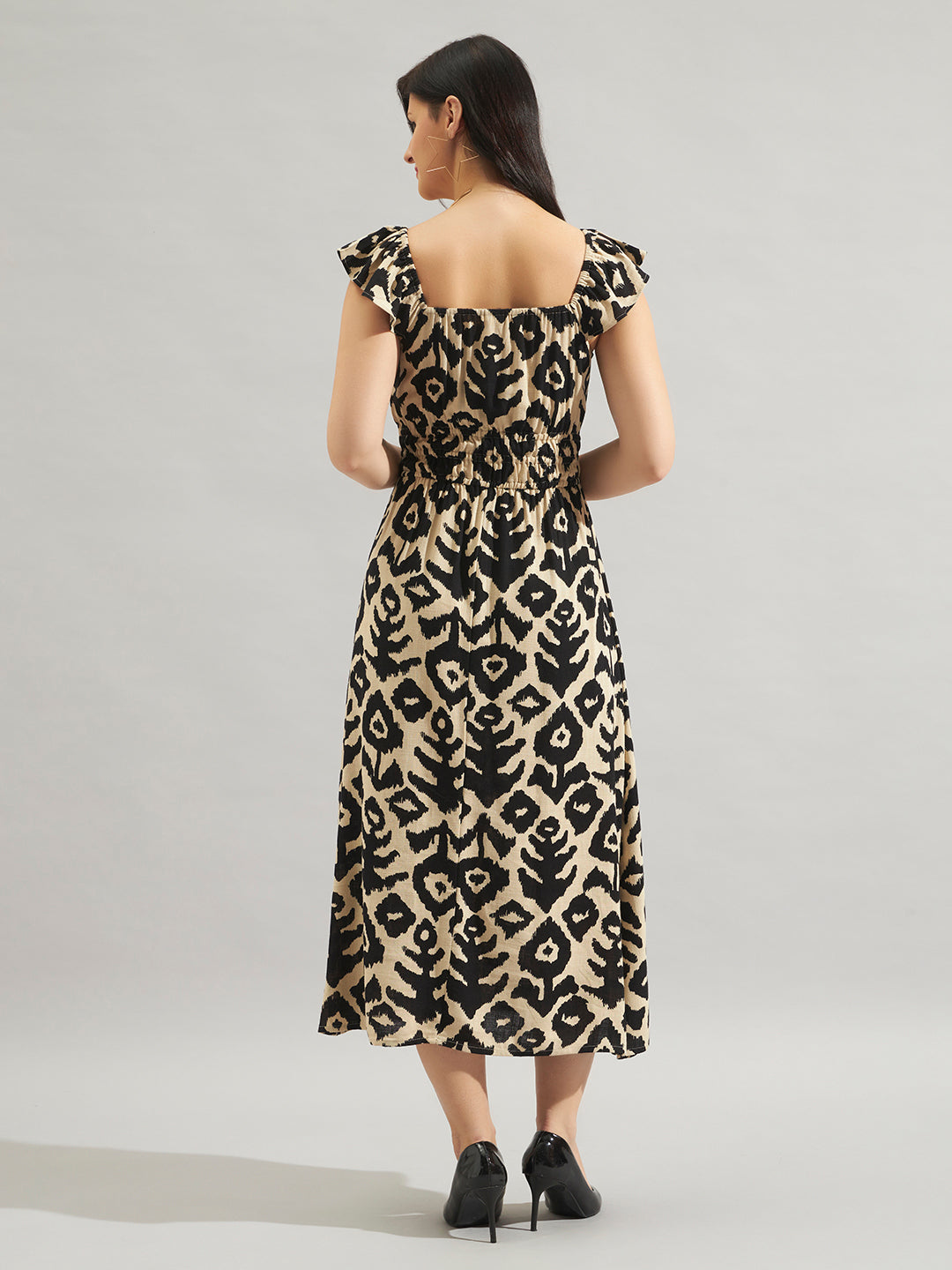 Women Beige & Black Printed Fit and Flare Midi Dress