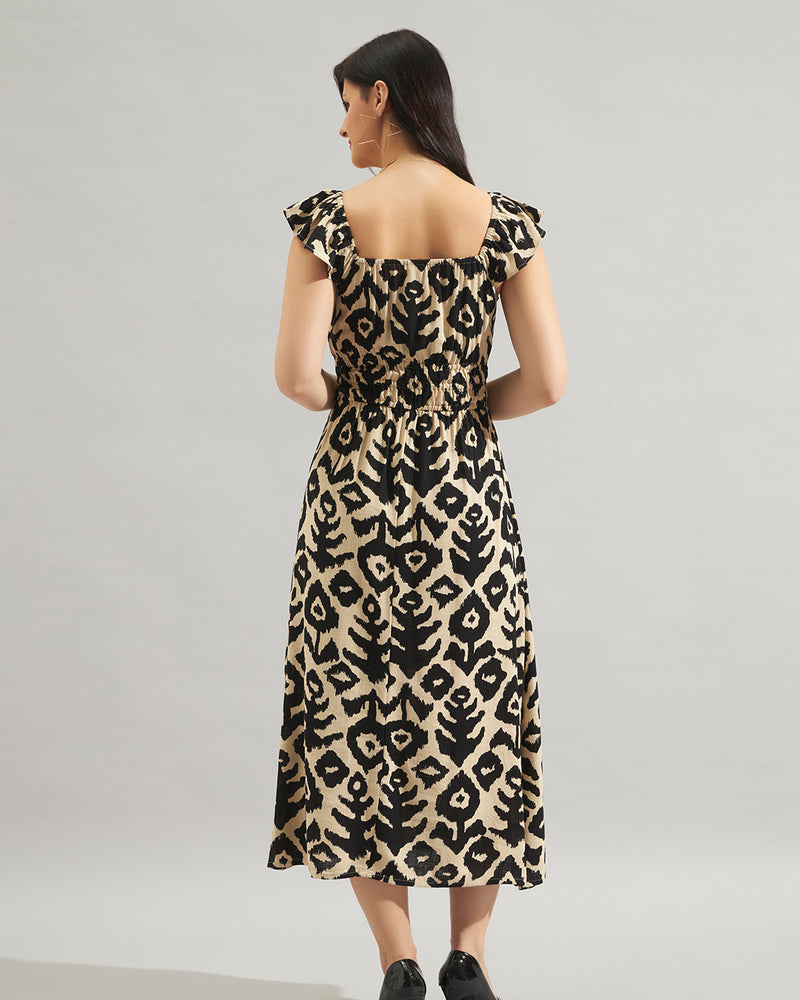 Women Beige & Black Printed Fit and Flare Midi Dress