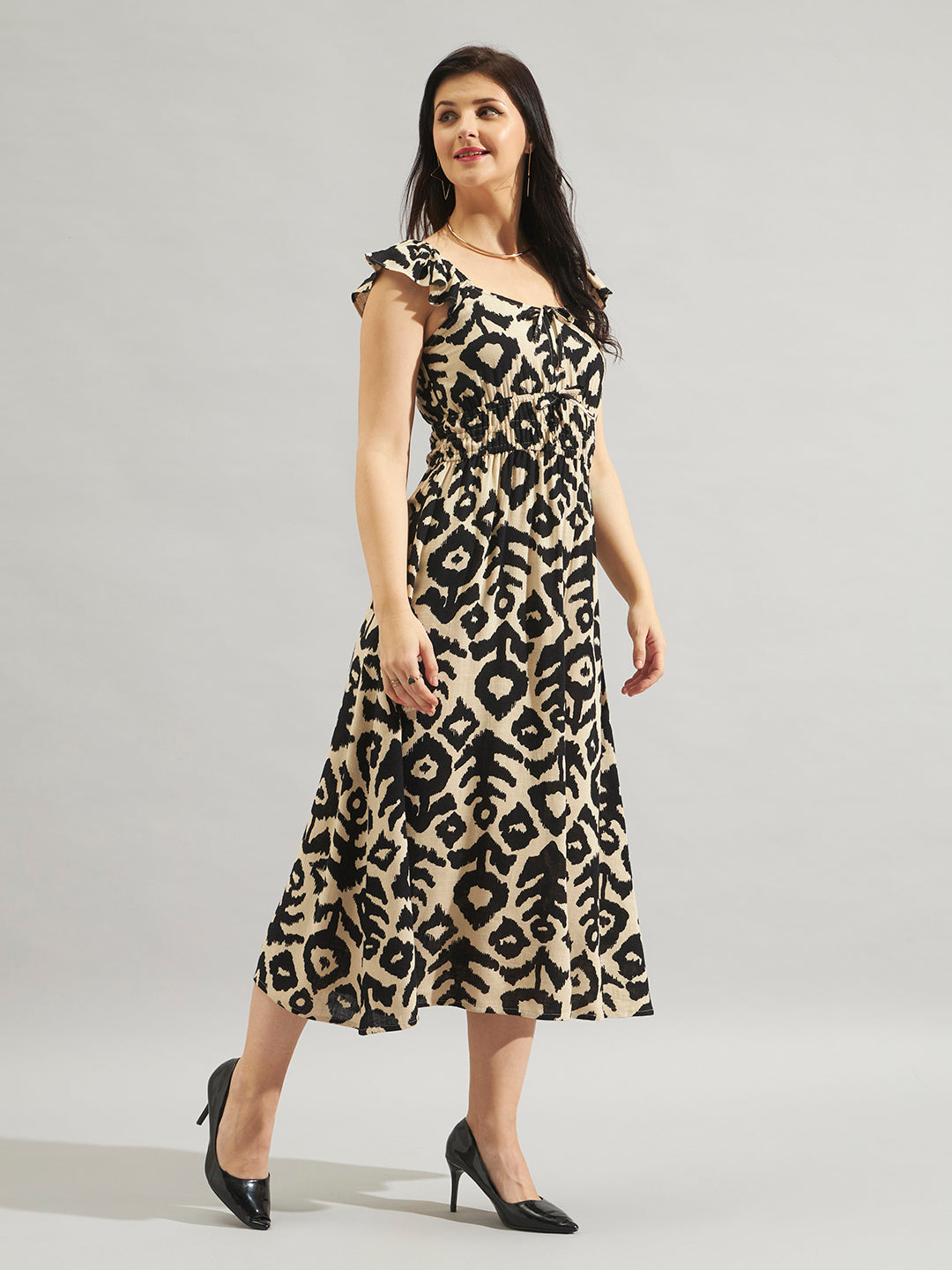 Women Beige & Black Printed Fit and Flare Midi Dress