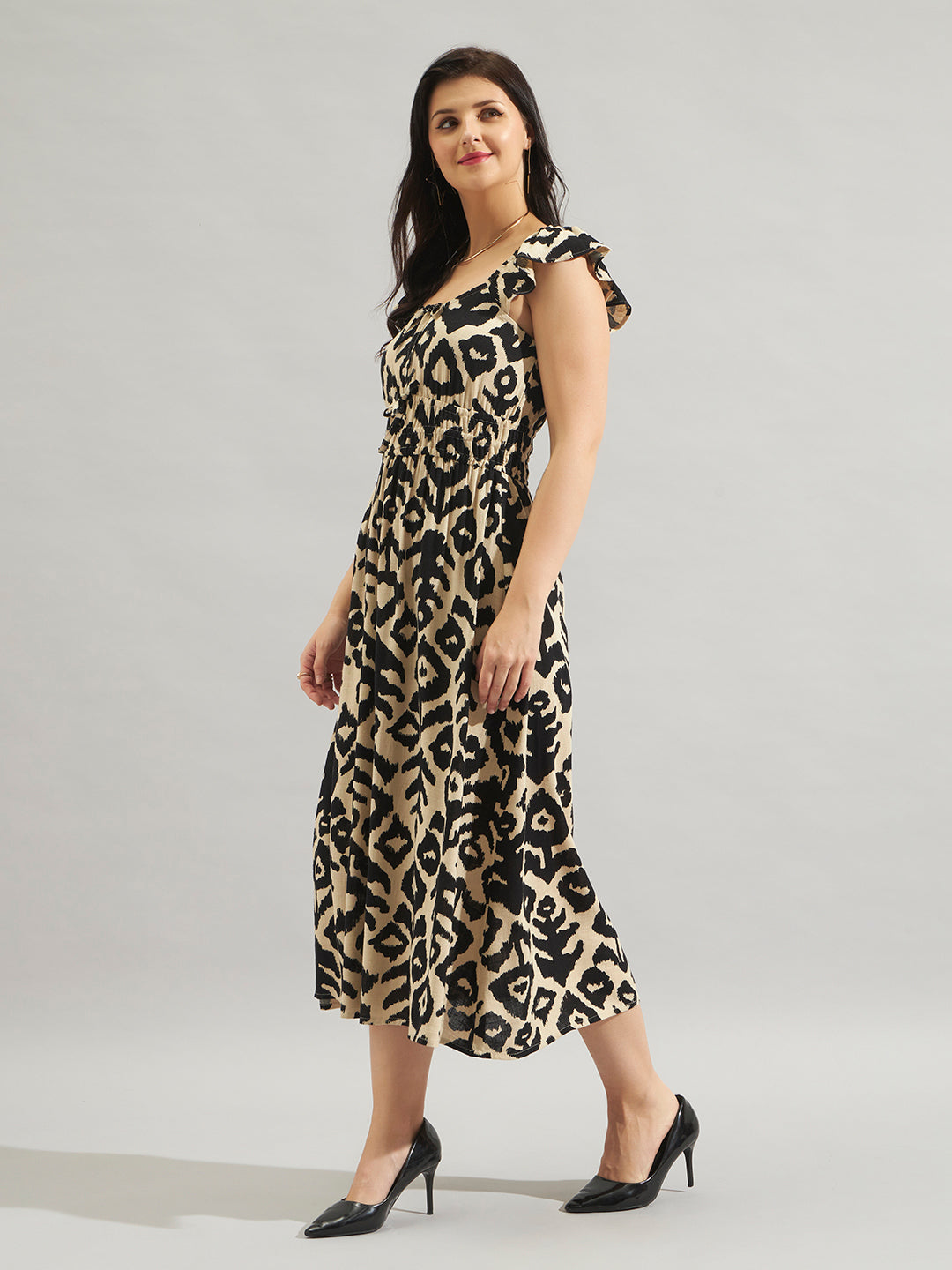 Women Beige & Black Printed Fit and Flare Midi Dress