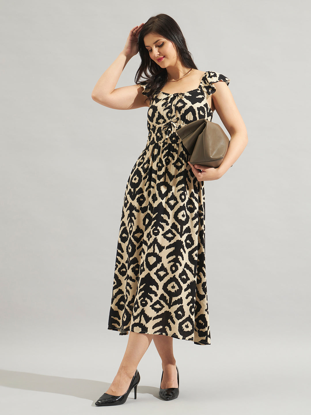Women Beige & Black Printed Fit and Flare Midi Dress