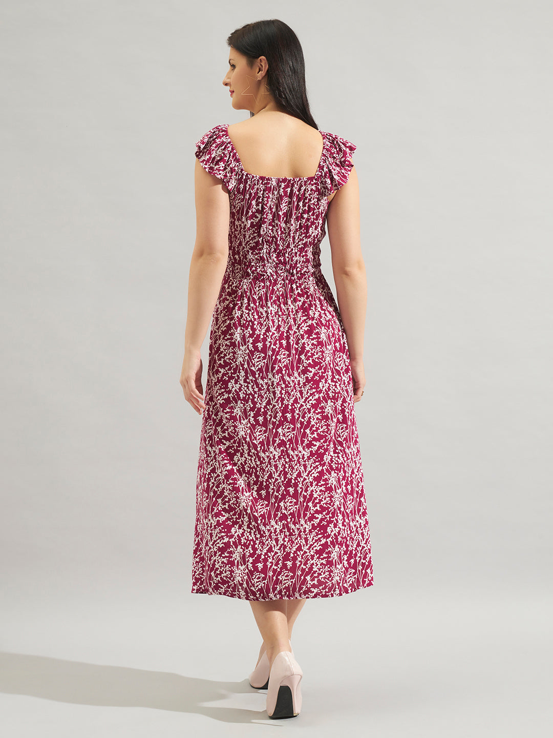 Women Maroon Rayon Crepe Floral Printed Smocked Midi Dress with Tie-Up Neck