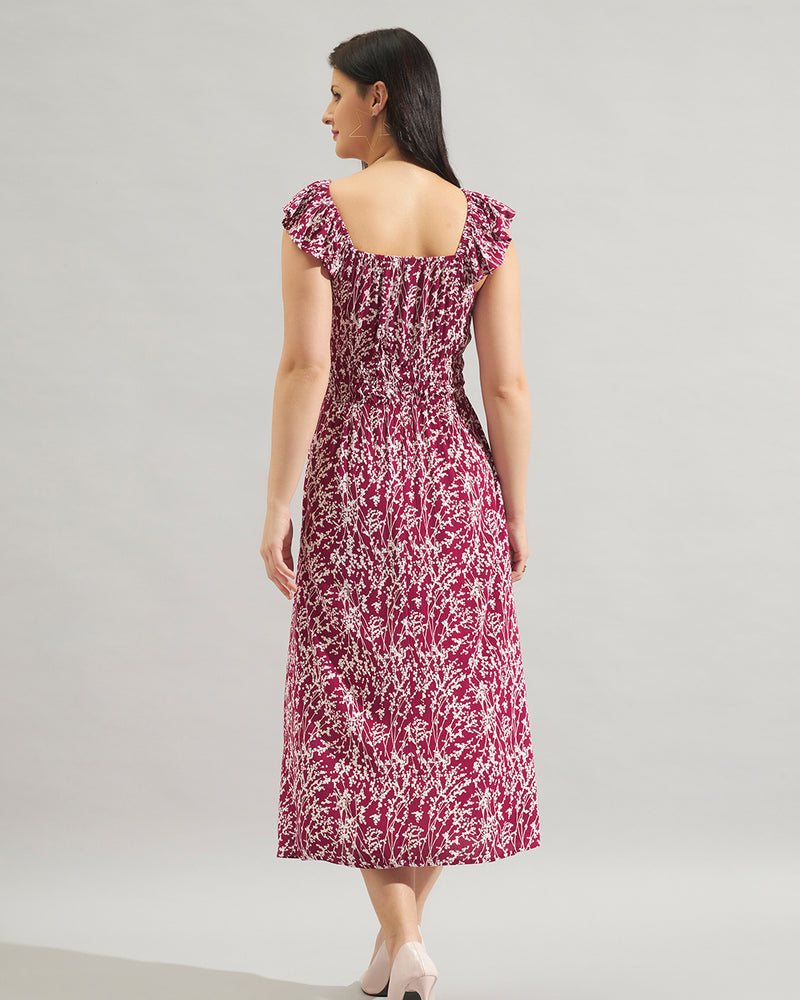 Women Maroon Rayon Crepe Floral Printed Smocked Midi Dress with Tie-Up Neck
