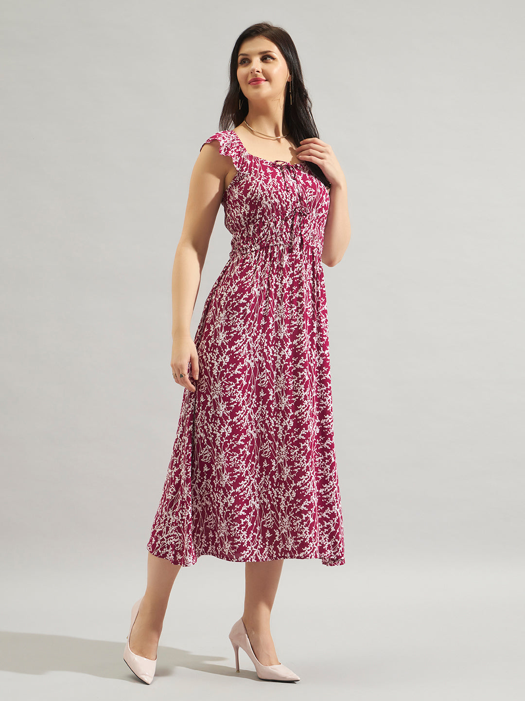 Women Maroon Rayon Crepe Floral Printed Smocked Midi Dress with Tie-Up Neck