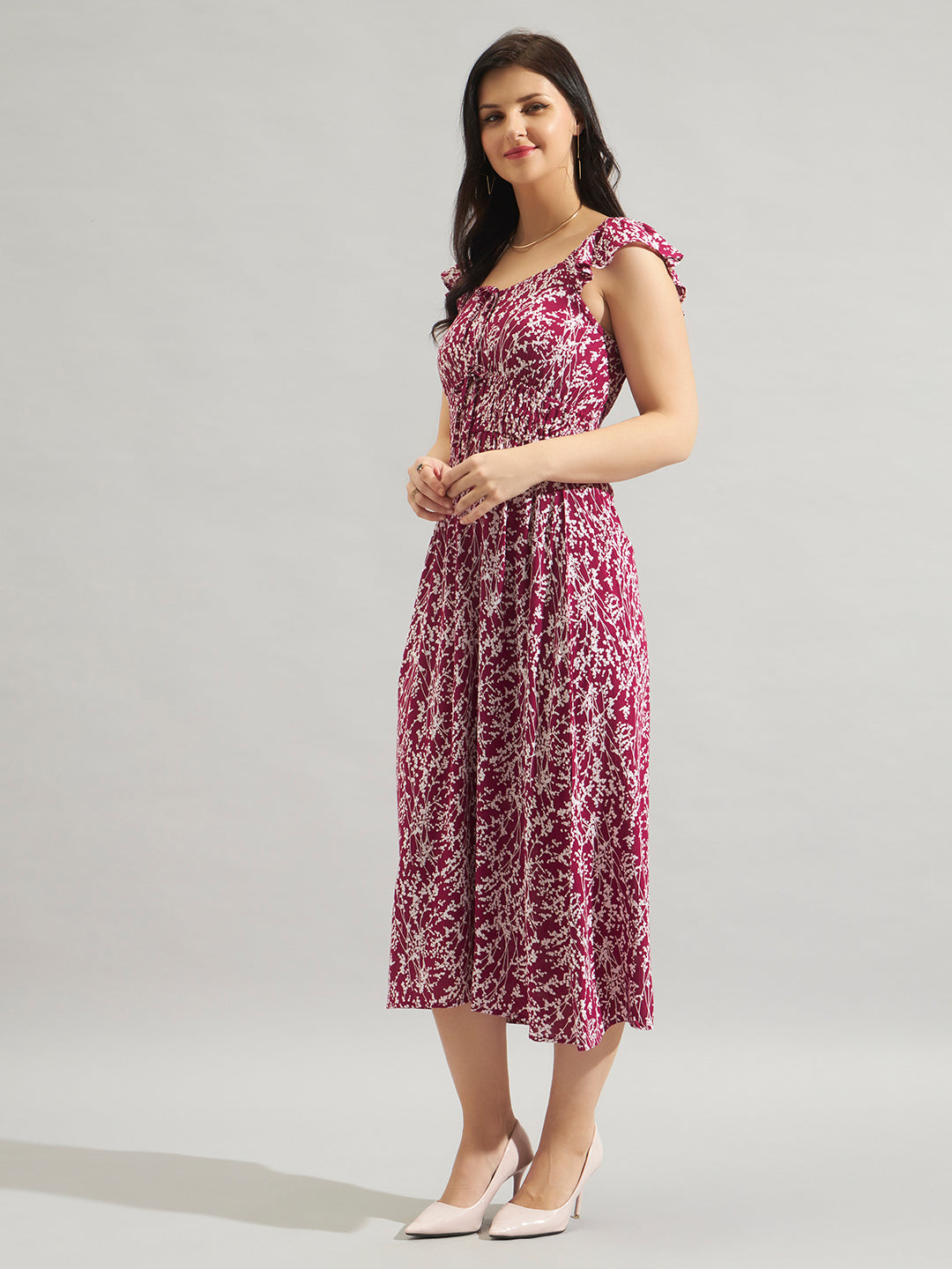 Women Maroon Rayon Crepe Floral Printed Smocked Midi Dress with Tie-Up Neck