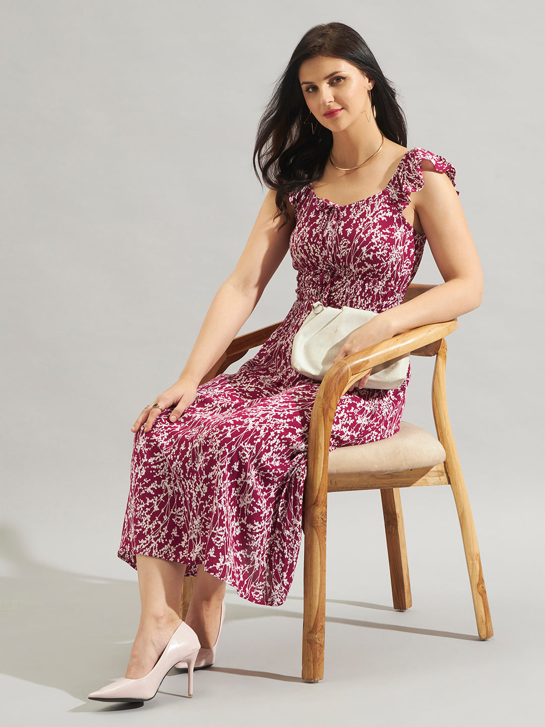 Women Maroon Rayon Crepe Floral Printed Smocked Midi Dress with Tie-Up Neck