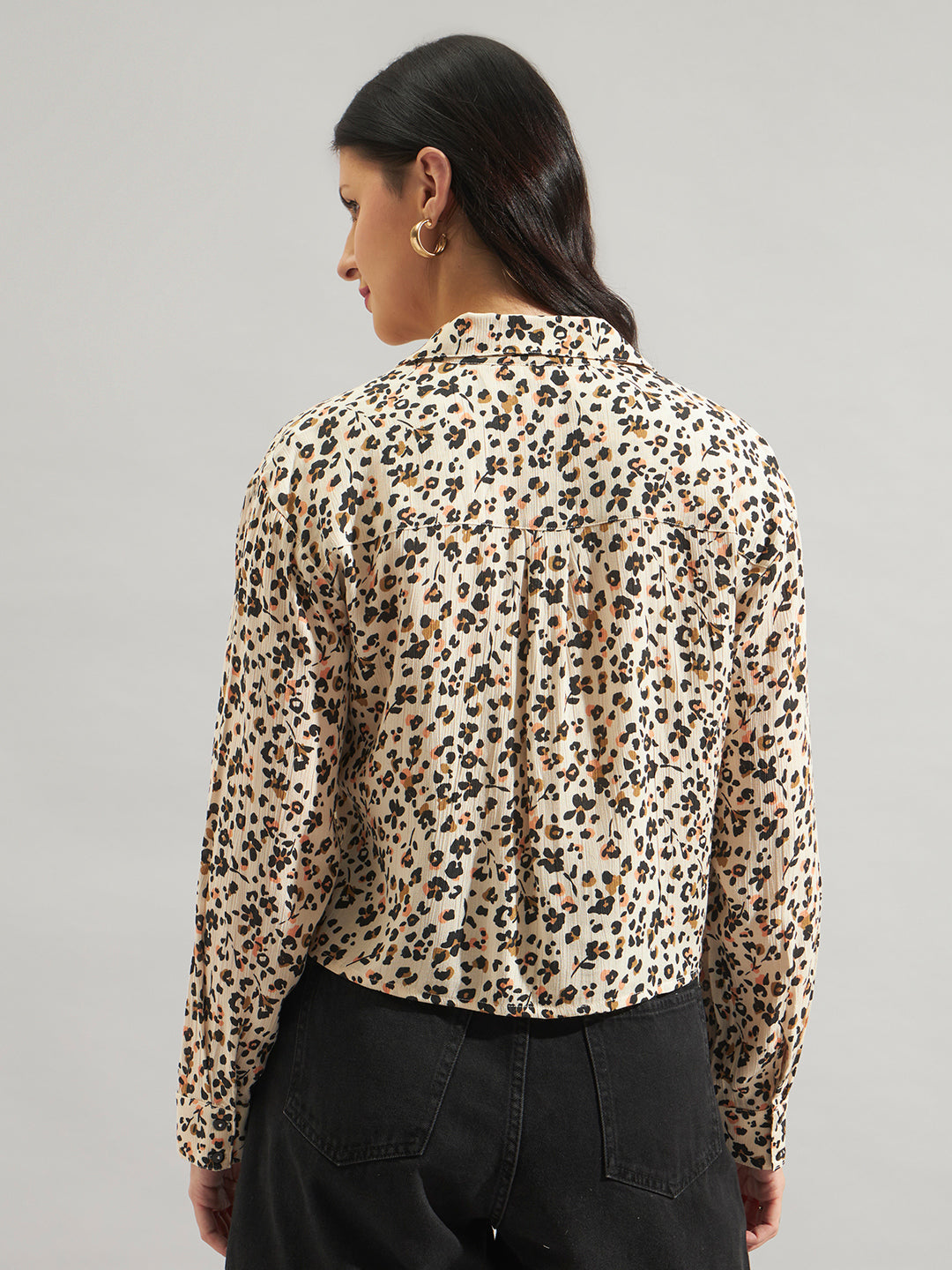 Women Beige Animal Print Tie-Up Shirt Top