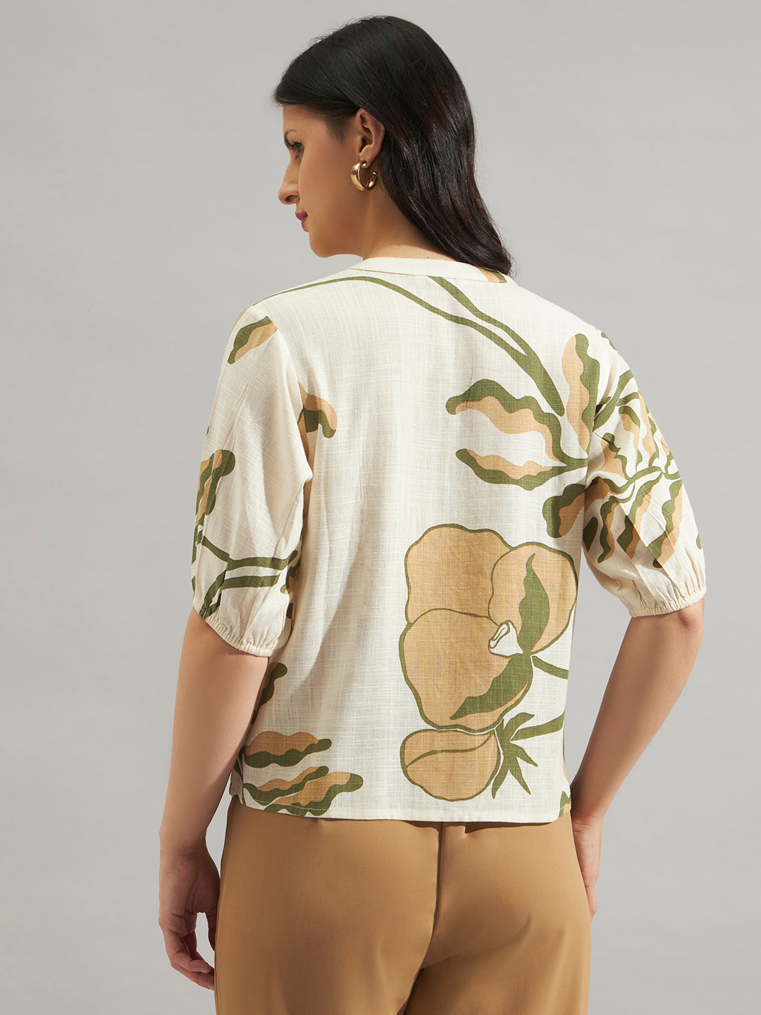 Women Beige Abstract Printed Puff Sleeve Top
