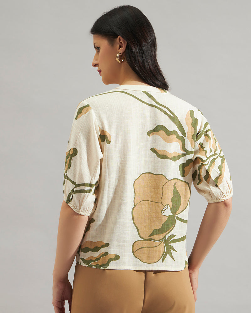 Women Beige Abstract Printed Puff Sleeve Top