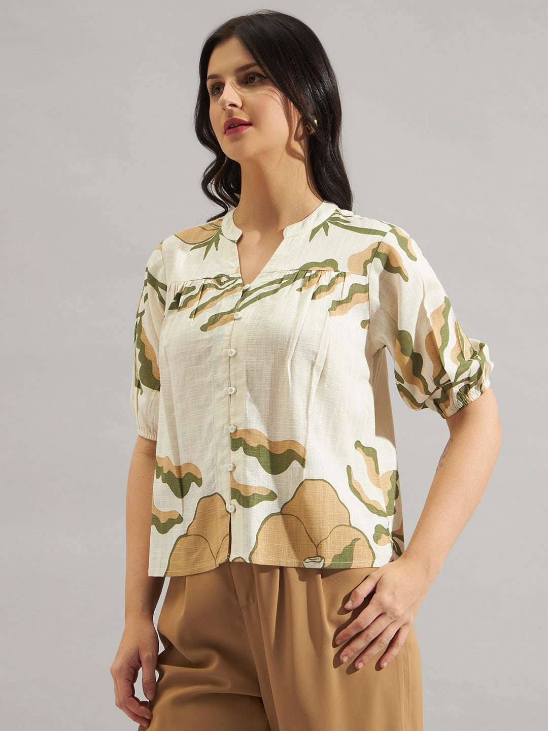 Women Beige Abstract Printed Puff Sleeve Top