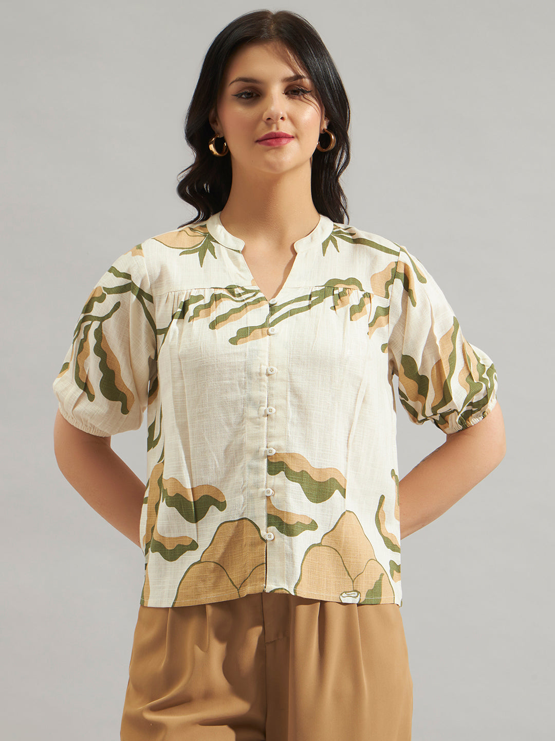 Women Beige Abstract Printed Puff Sleeve Top