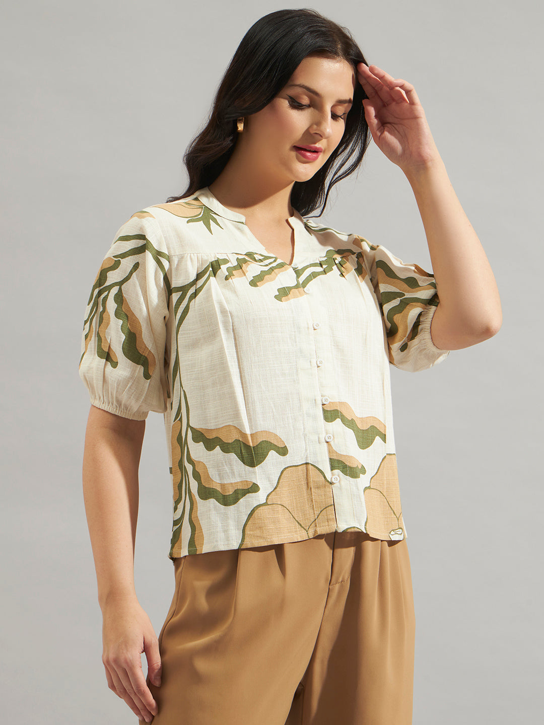 Women Beige Abstract Printed Puff Sleeve Top