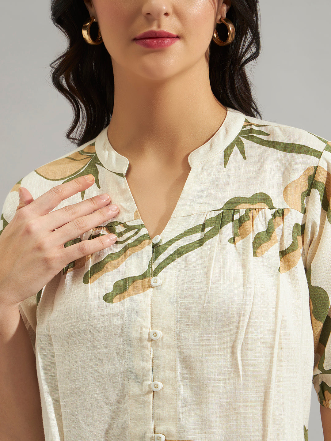 Women Beige Abstract Printed Puff Sleeve Top