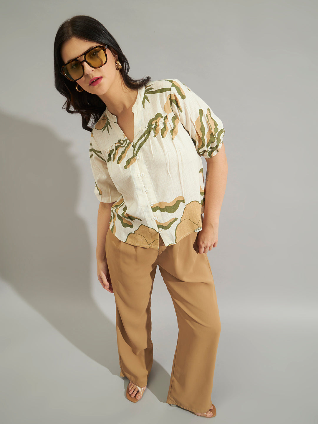Women Beige Abstract Printed Puff Sleeve Top