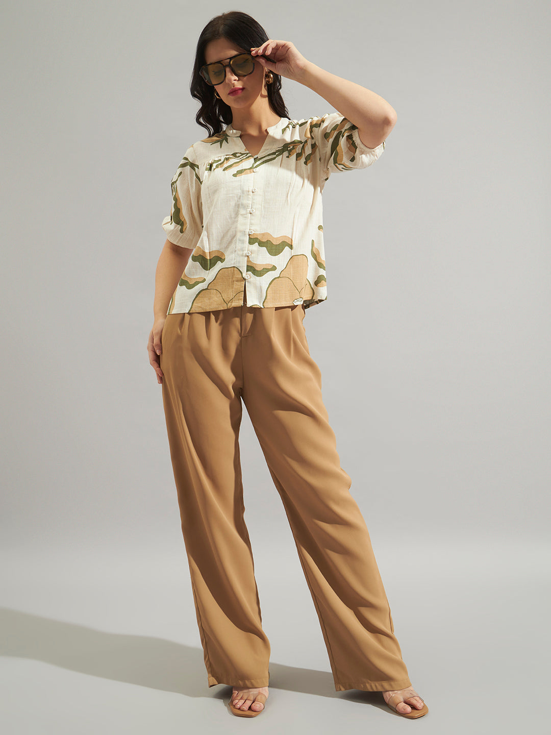 Women Beige Abstract Printed Puff Sleeve Top