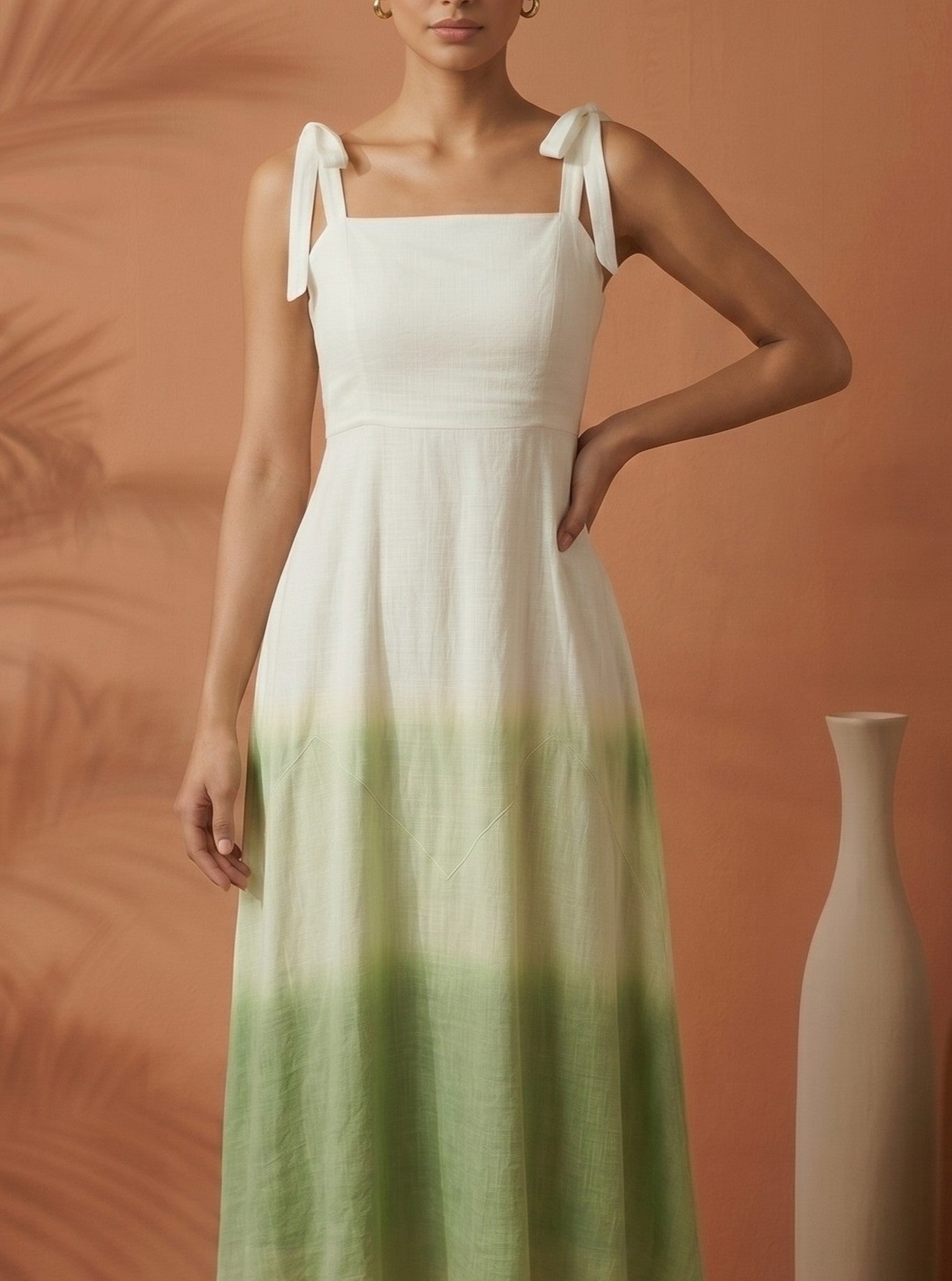 Women White & Green Smocked Ombre Shoulder Tie Midi Dress