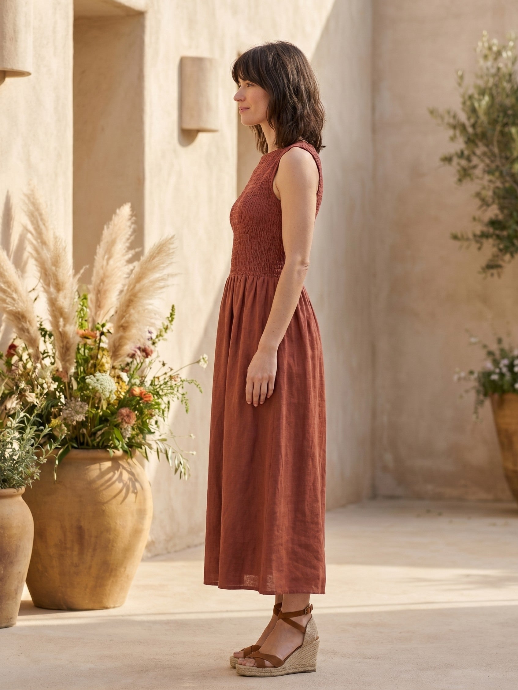 Women Maroon Smocked Fit & Flare Midi Dress