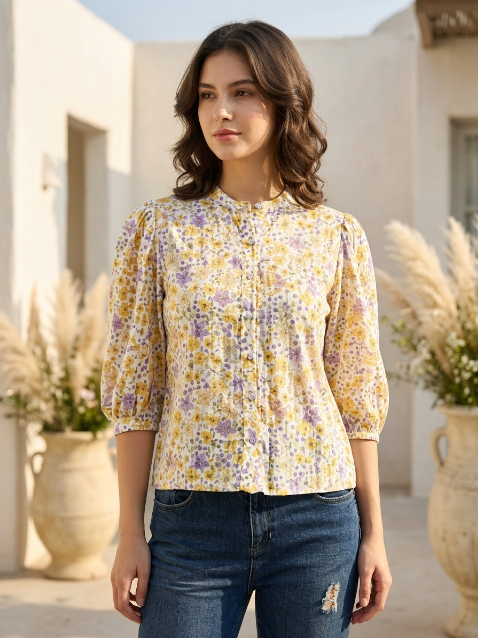 Women Cream Floral Printed Cotton Dobby Top with Puff Sleeves & Mandarin Collar
